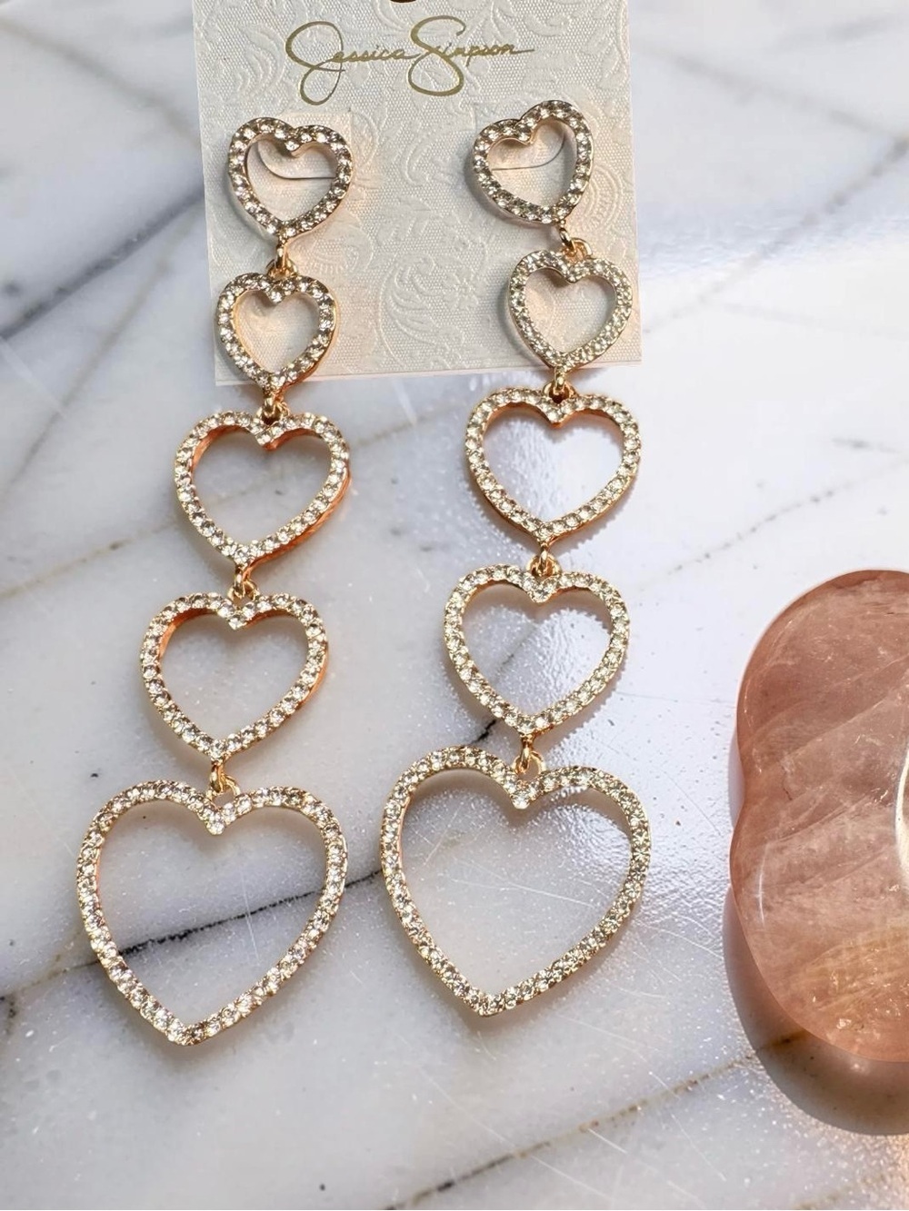 Jessica Simpson,dangling hearts,drop style,shoulder, duster,rhinestone,statement